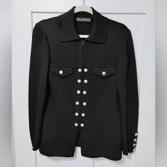 st john evening Elegant Black Collared Jacket With Rhinestone Buttons - Picture 1 of 7